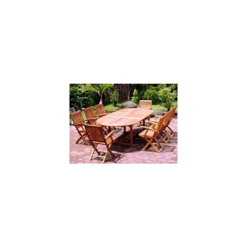 1m x 1.8m-2.4m Teak Oval Extending Table with 8 Kiffa Folding Armchairs